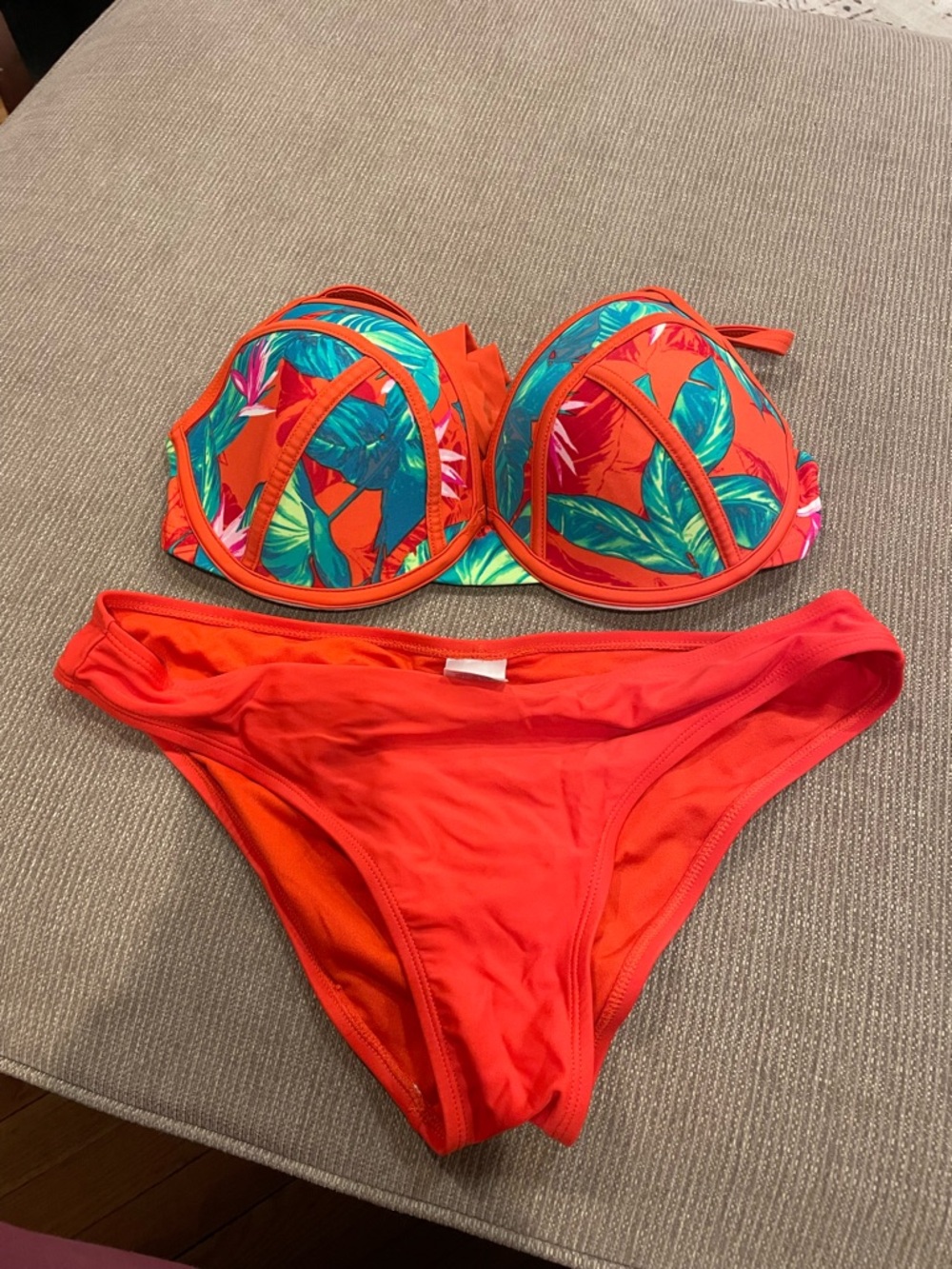 Xhilaration Bright Orange and Teal Bikini Top with Multicolor Tropical Trim
